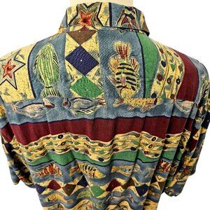 80s-90s Pierre Cardin Hawaiian Shirt Fish Pattern Collared Mens 2XL Blue Multi